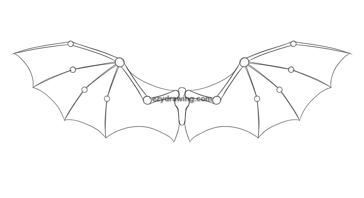 How to draw wings step 1 showing the basic wing framework with guide circles, connecting lines, and bat wing outline for beginners.