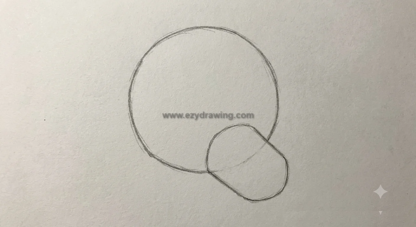 How to draw fox step 1 showing a simple circle and oval sketch to create the basic fox head and muzzle guidelines for beginners.