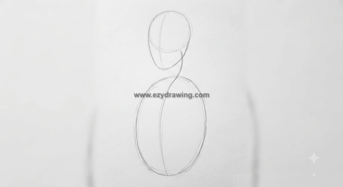 how to draw unicorns step showing a light pencil sketch defining the unicorn head, chest, and body shape on white paper