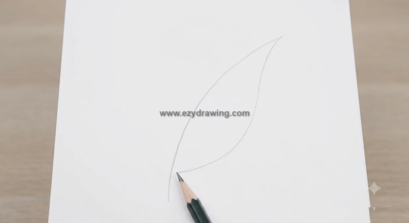 how to draw leaf starting step with pencil sketching a curved center vein and simple leaf outline on white paper for beginners