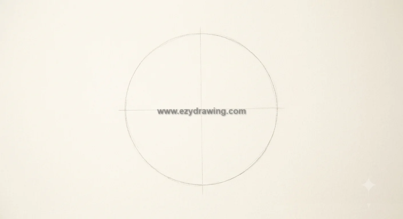 How to Draw Portrait begins with a light circular head shape and simple vertical and horizontal guidelines for facial proportions.