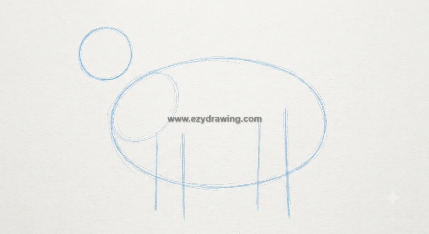 How To Draw dinosaurs Easy Step By Step for Kids 3 How To Draw dinosaurs step 2 sketch showing oval body, head guides and simple leg foundation lines for easy dinosaur drawing