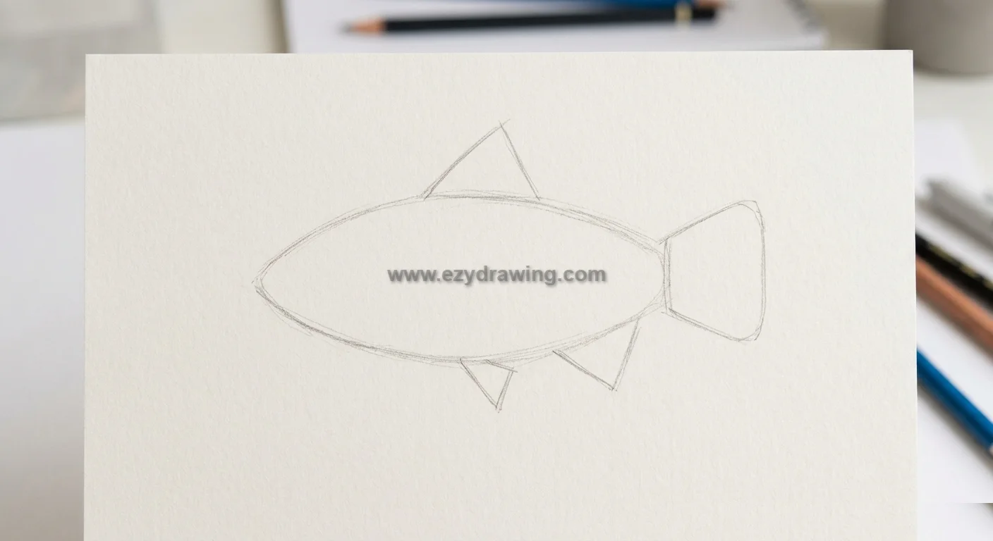 how to draw fish step 2 showing oval body with triangle fins and tail lightly sketched on paper for a simple beginner fish outline.