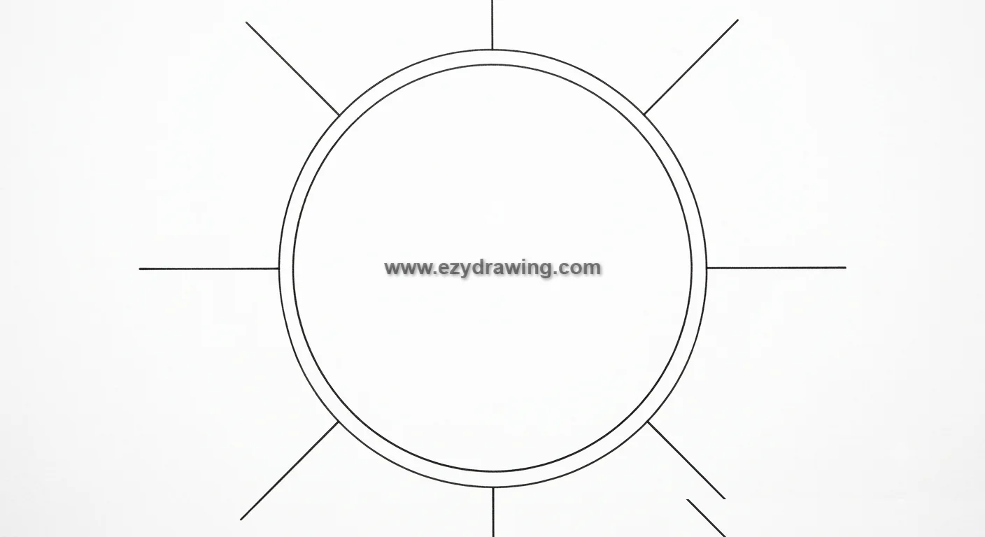 How to draw sun by adding evenly spaced guide lines around the circle to create the main rays for a balanced sun sketch.
