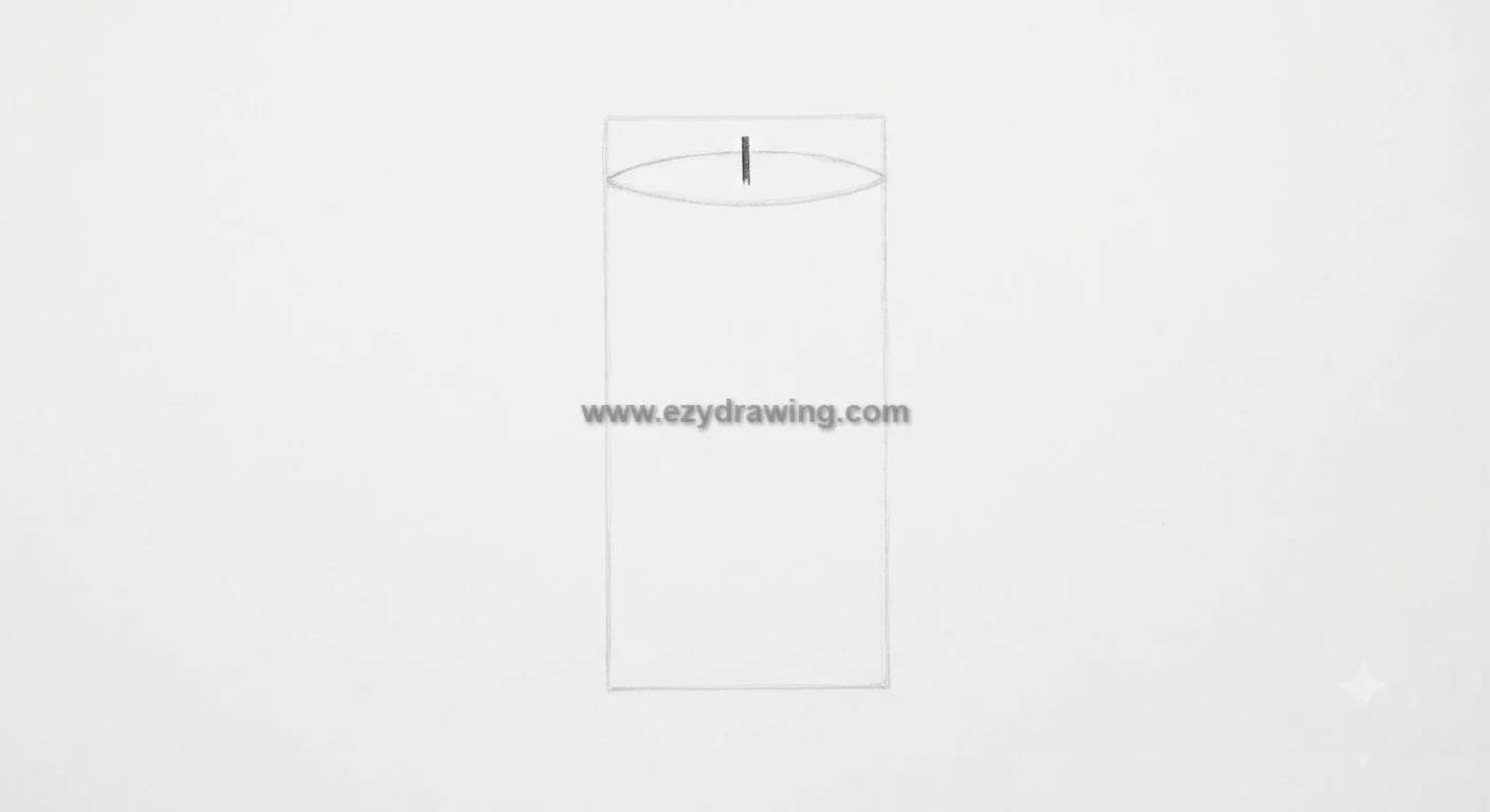How To Draw A Candle step 2 showing a top oval and small wick added to a light rectangle candle outline on white paper.