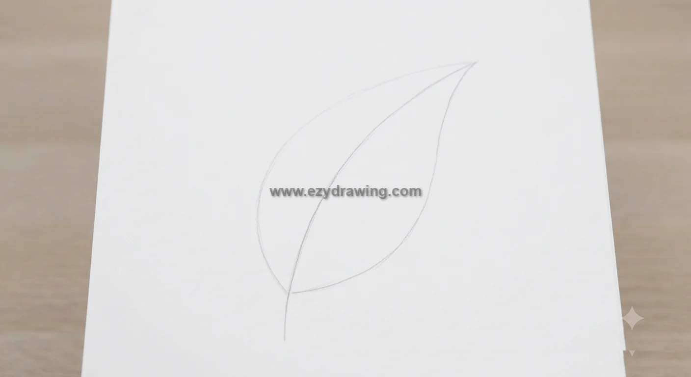 how to draw leaf outline step showing a light pencil silhouette with curved center vein on white paper for easy drawing practice