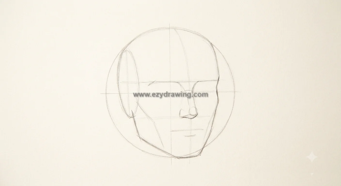 How to Draw Portrait by shaping the facial planes, jawline, ear, nose, brows, and feature guidelines with light pencil strokes.