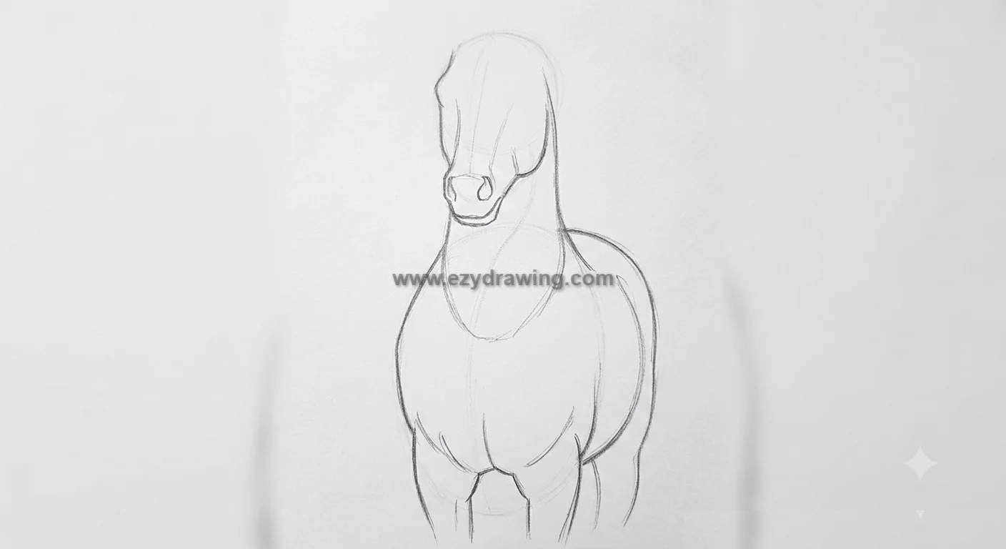how to draw unicorns pencil sketch showing the head, chest, body volume, and front legs in a simple drawing step