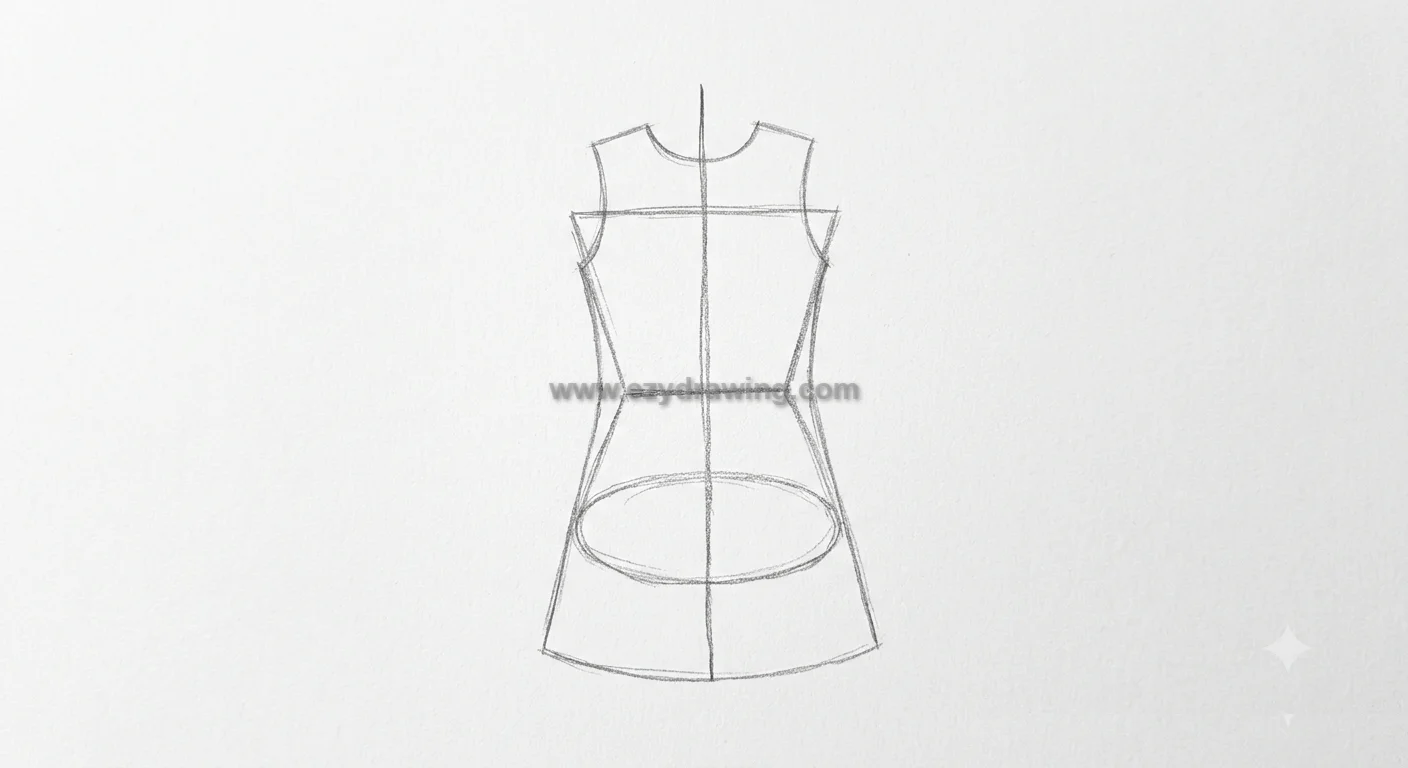 How to draw dress by shaping a rounded neckline, fitted bodice, narrow waist, and simple A-line skirt with clear guidelines.
