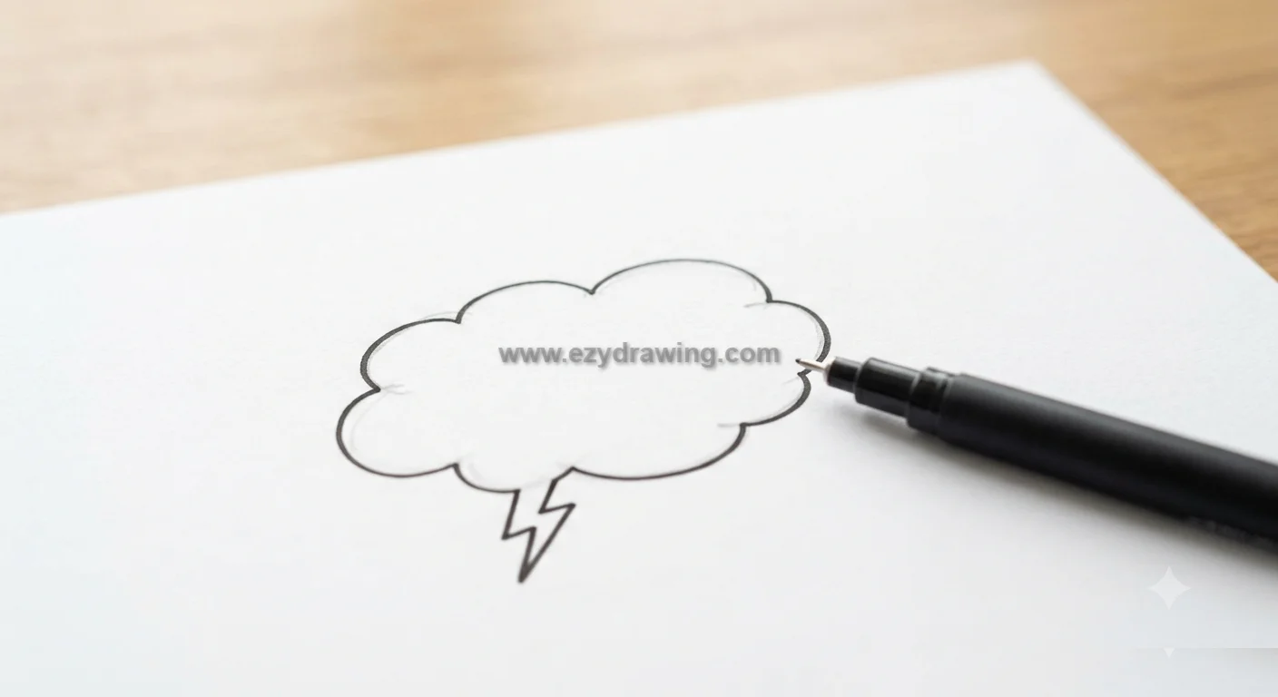 How To Draw Doodles with a black fineliner tracing a cloud and lightning bolt outline on white paper in a simple second step.