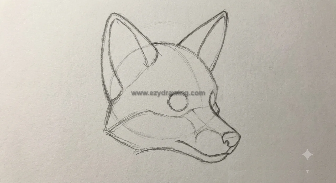 How to draw fox step 2 showing the fox head with pointed ears, facial guidelines, eyes, and muzzle taking shape in pencil.