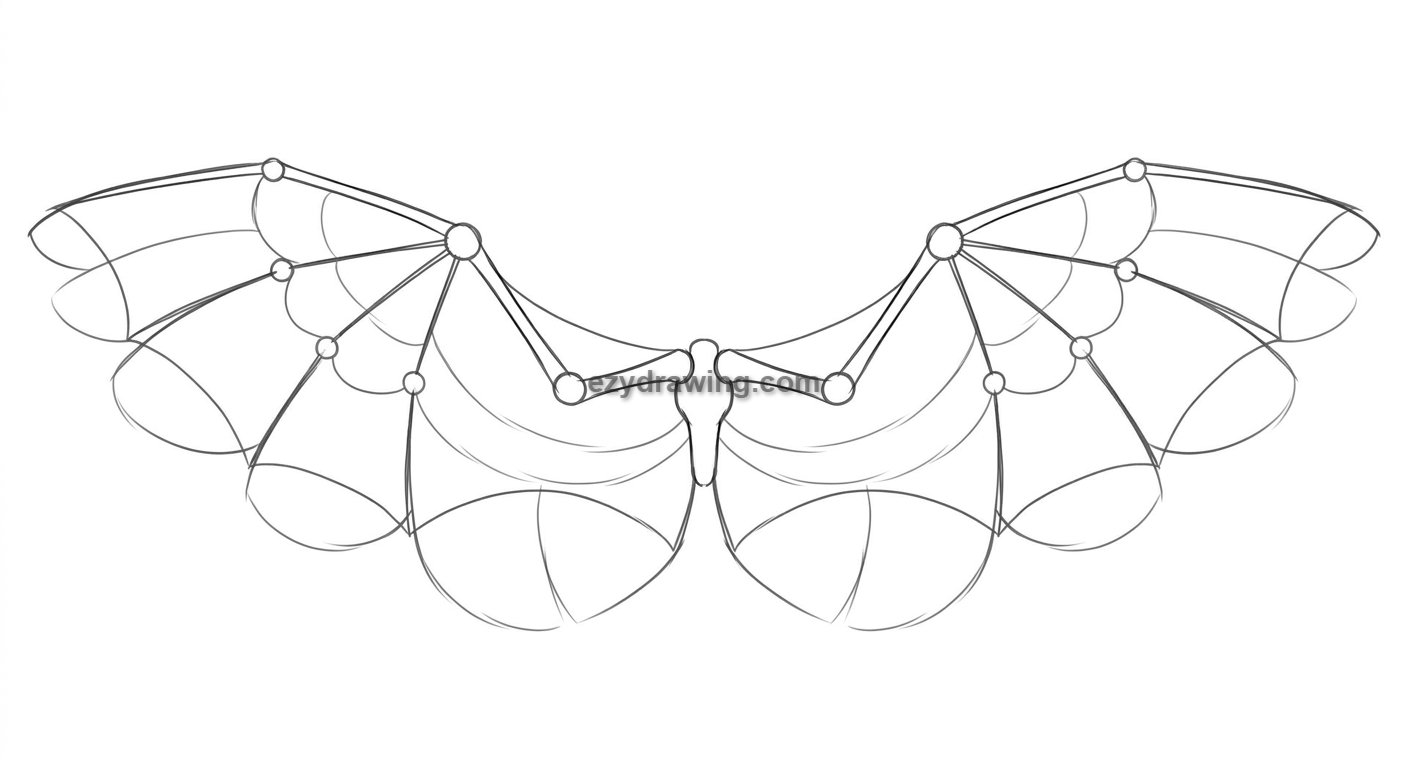 How to draw wings step 2 adding the coverts with layered feather shapes, refining the wing structure and overall form for beginners.