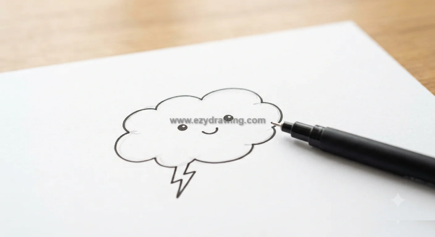 How To Draw Doodles with a black fineliner adding cute eyes and a smiling face to a simple cloud and lightning sketch on white paper.