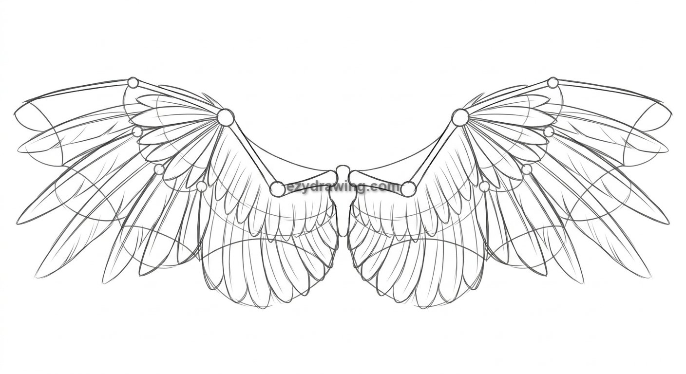 How to draw wings step 3 adding primary and secondary flight feathers with layered details to create realistic wing structure.