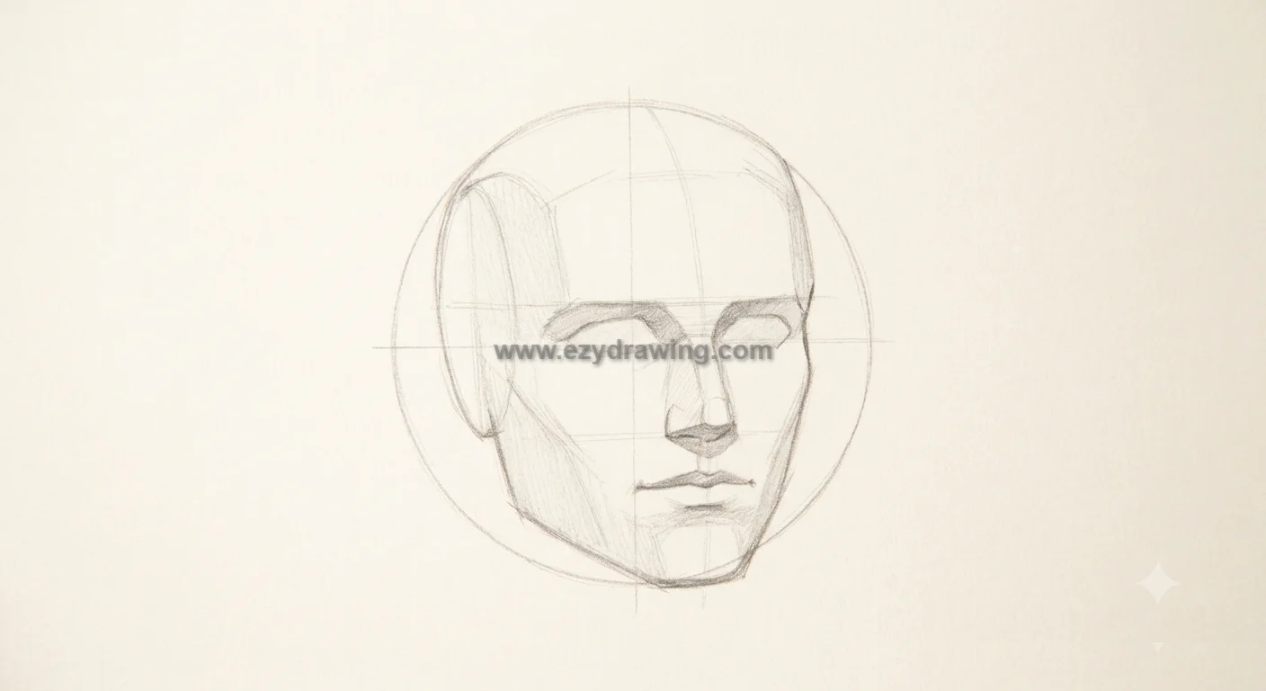 How to Draw Portrait by blocking the eyes, nose, lips, jawline, and major facial planes with light shading and guidelines.