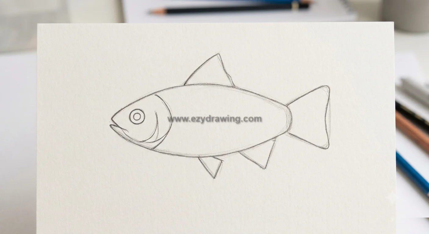 how to draw fish step 3 showing eye, mouth, gill plate, fins, and tail added to a simple pencil fish sketch on paper.