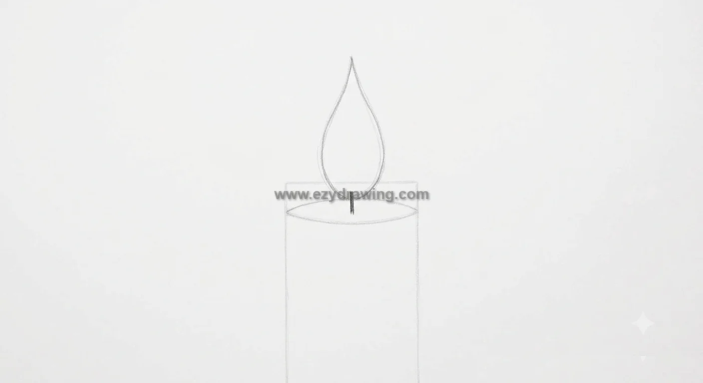 How To Draw A Candle step 3 showing a simple flame outline above the wick on a light candle sketch for beginner drawing.