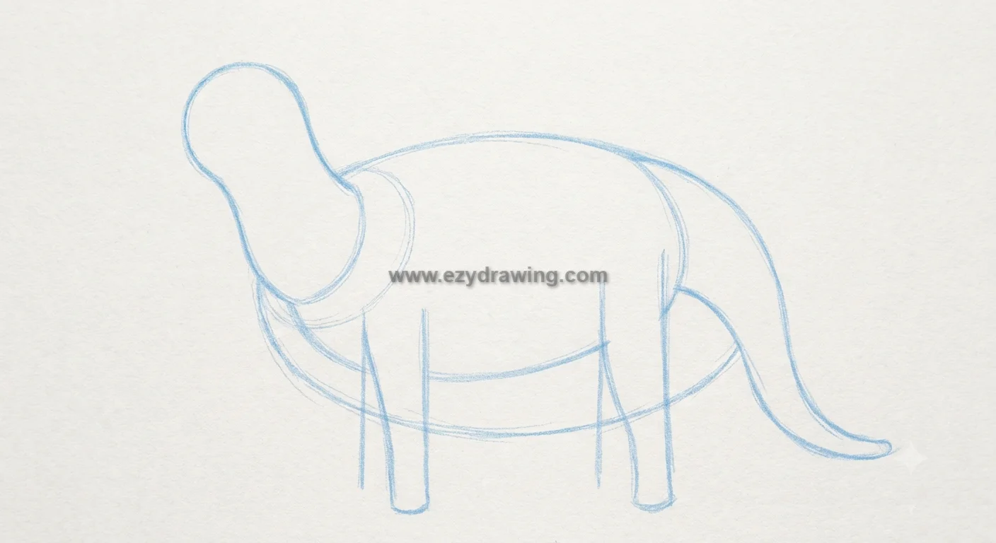 How To Draw dinosaurs Easy Step By Step for Kids 4 How To Draw dinosaurs step 3 sketch showing simple neck, tail, oval body and leg guides for easy long dinosaur drawing