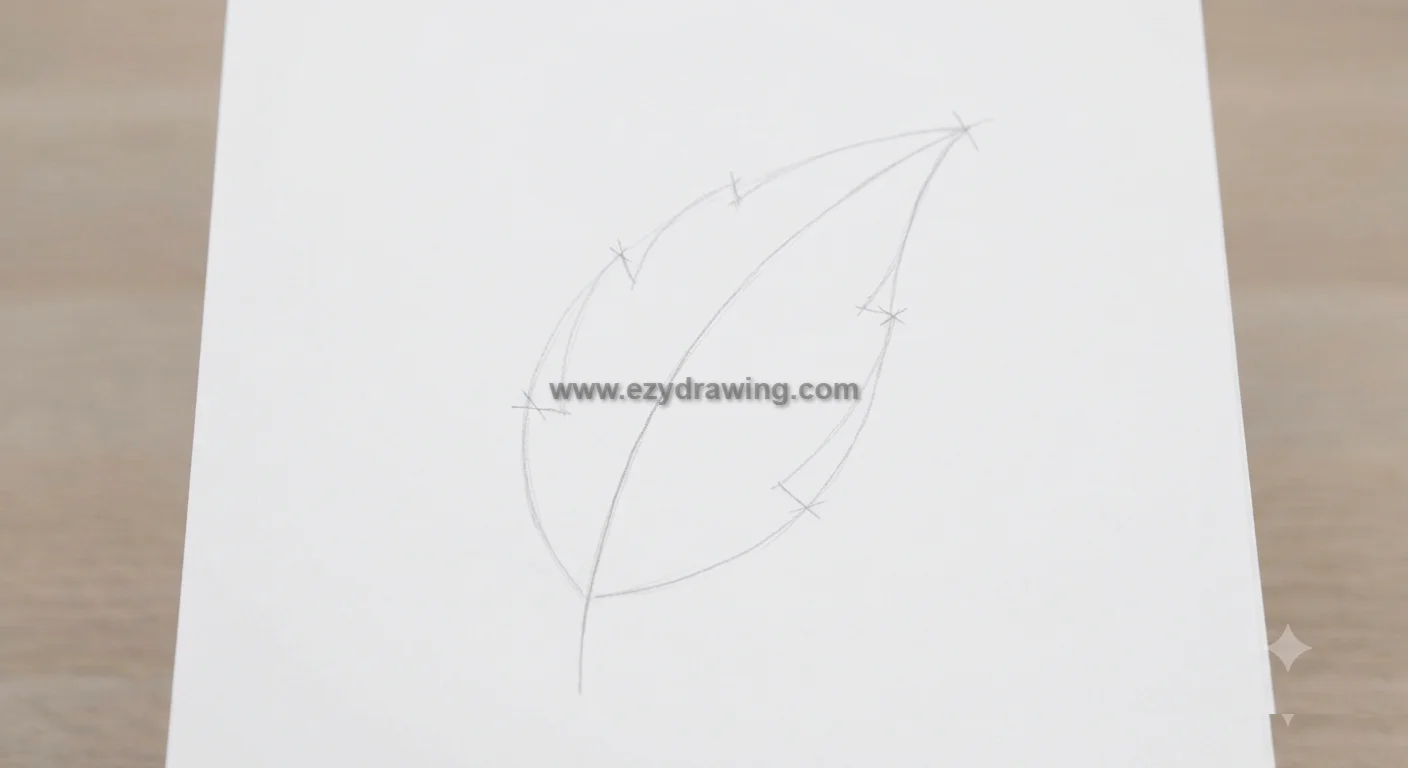 how to draw leaf step with light pencil guide marks showing pointed lobes and curved outline on white paper for beginner practice