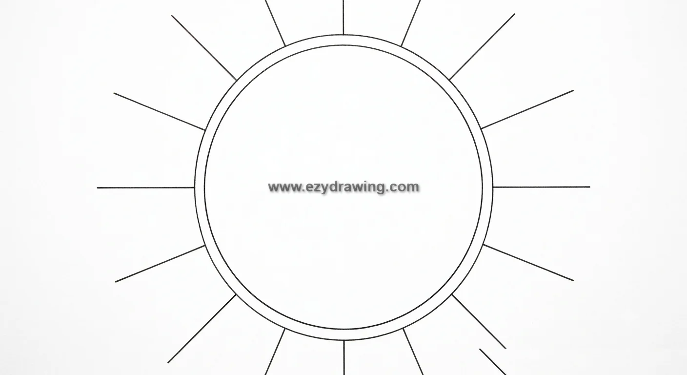 How to draw sun by adding more rays between the main guide lines, creating a full, bright, and evenly balanced sun design