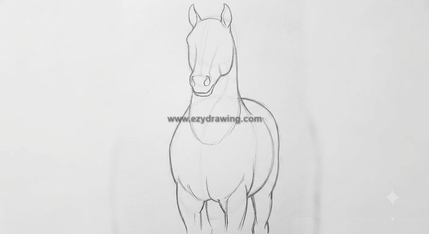 how to draw unicorns sketch step showing added ears, face details, body shape, and front legs in a pencil drawing tutorial