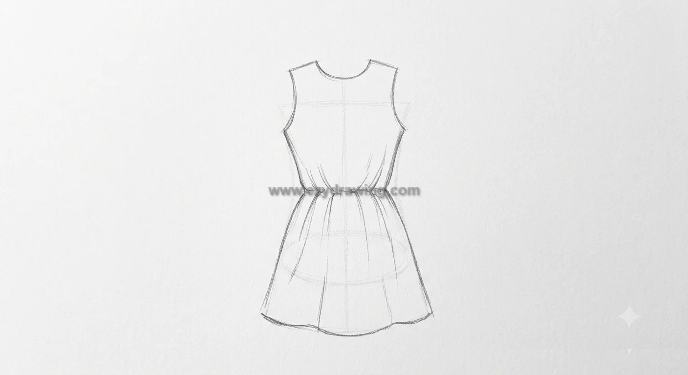 How to draw dress with natural fabric folds, a gathered waist, fitted bodice, and flowing A-line skirt for realistic movement.