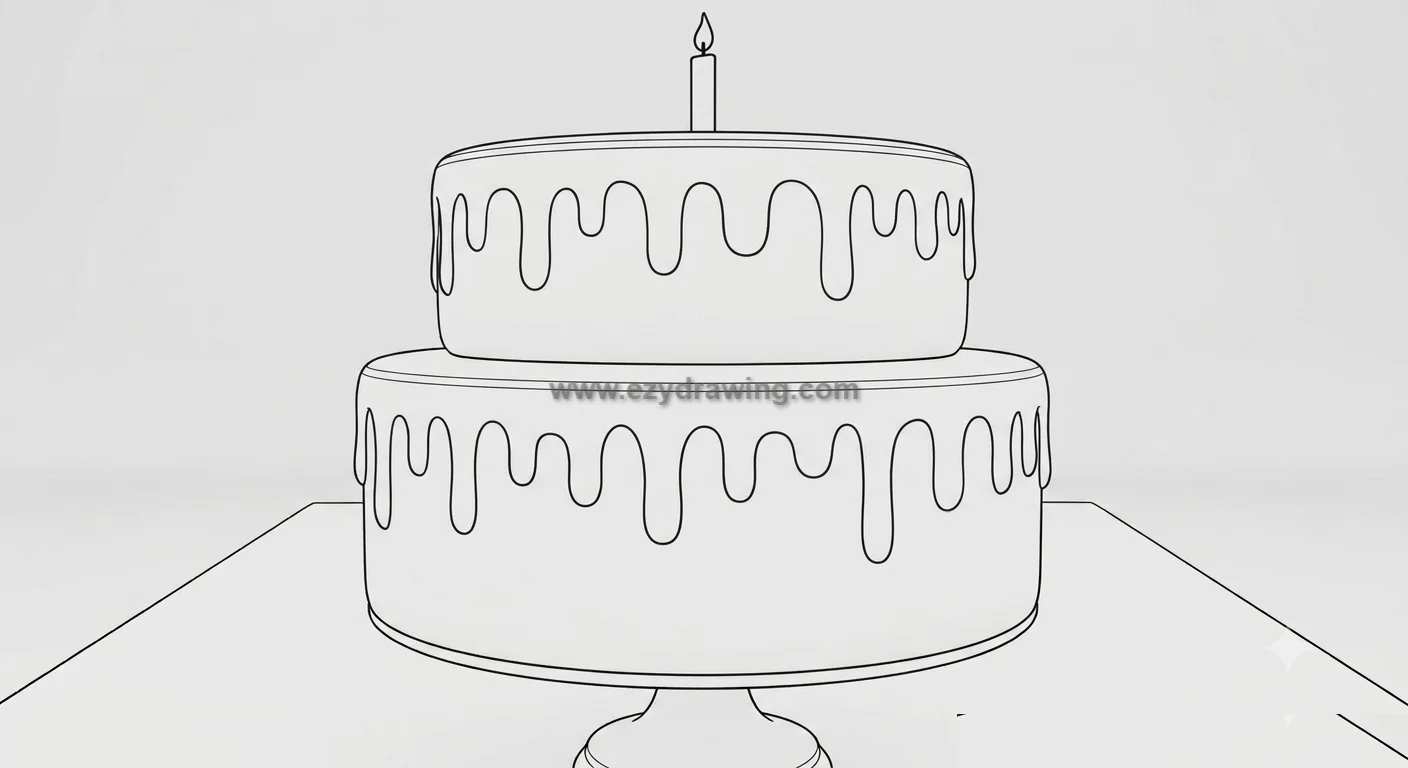 How to Draw Cake for Kids With Fun Simple Steps 4 how to draw cake with two tiers, dripping frosting, one lit candle, and a pedestal stand in a clean outline tutorial