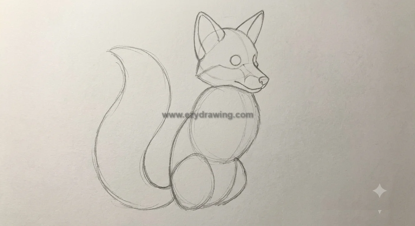 How to draw fox step 3 showing the full sitting body, fluffy tail, and basic leg shapes sketched with simple pencil guidelines.