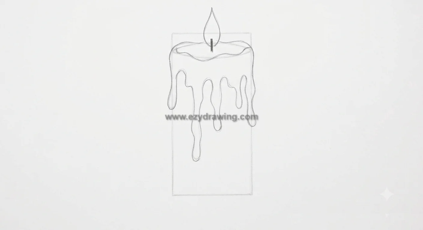 How To Draw A Candle step 4 showing melted wax drips and a small flame on a light pencil candle sketch for beginners.