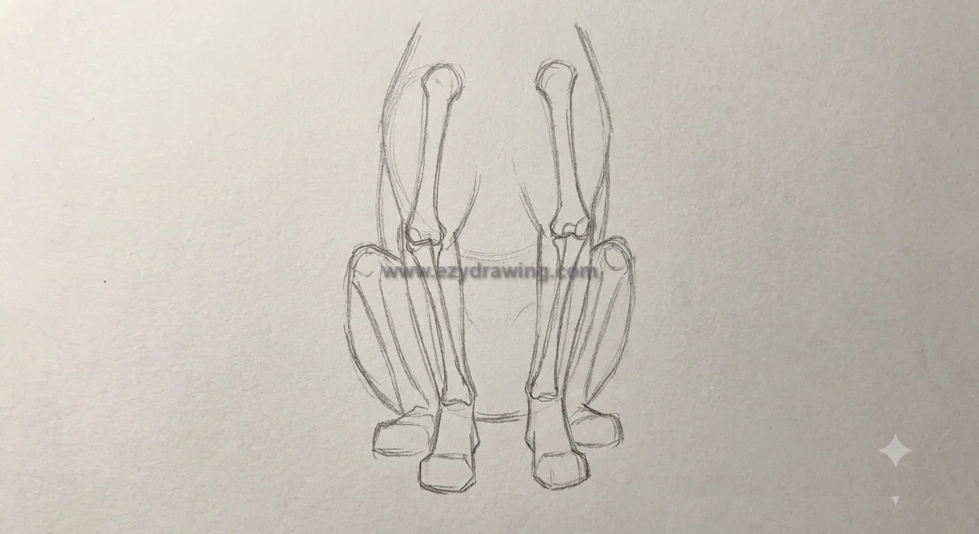 How to draw fox step 4 illustrating the front and hind leg structure with simple paw shapes and basic anatomy guidelines.