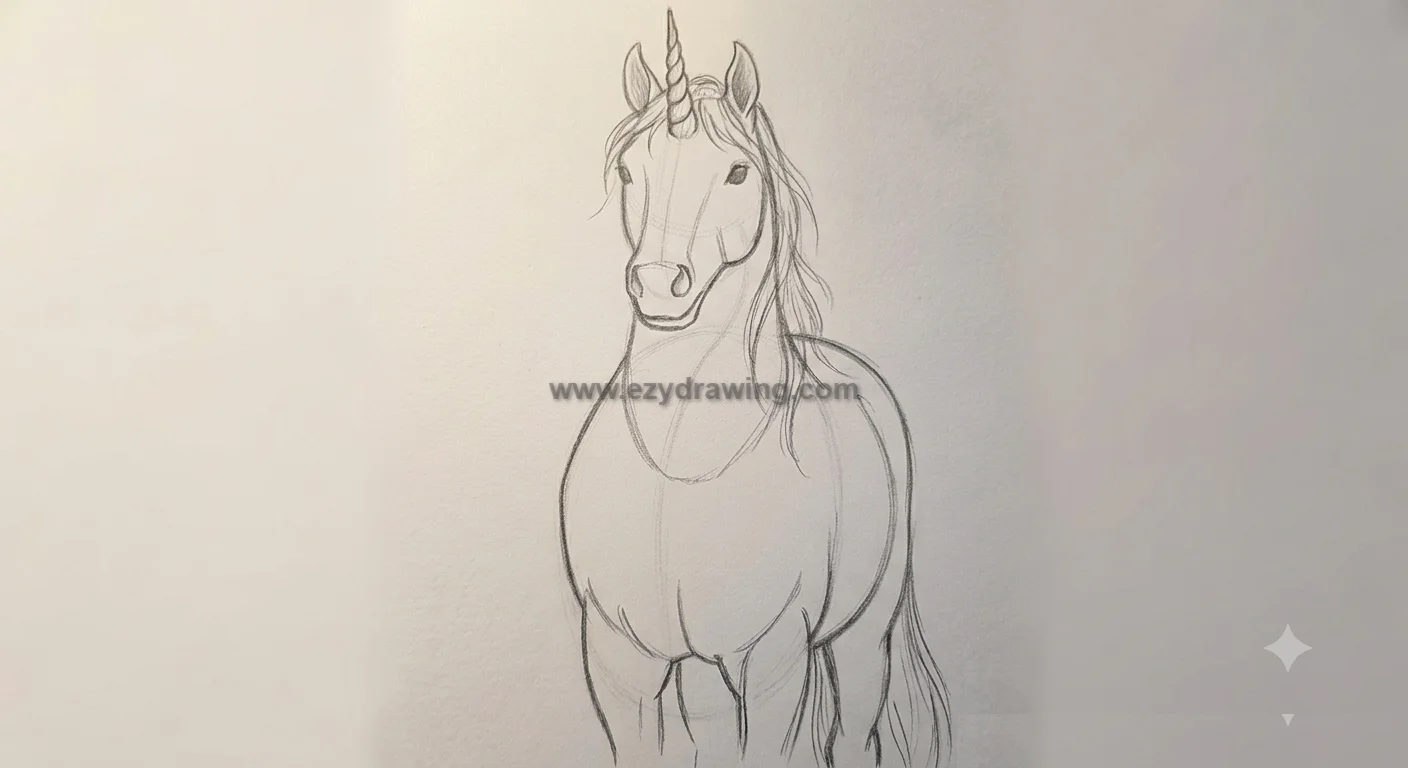 how to draw unicorns step showing pencil sketch with horn, ears, flowing mane, face details, body, legs, and tail lines