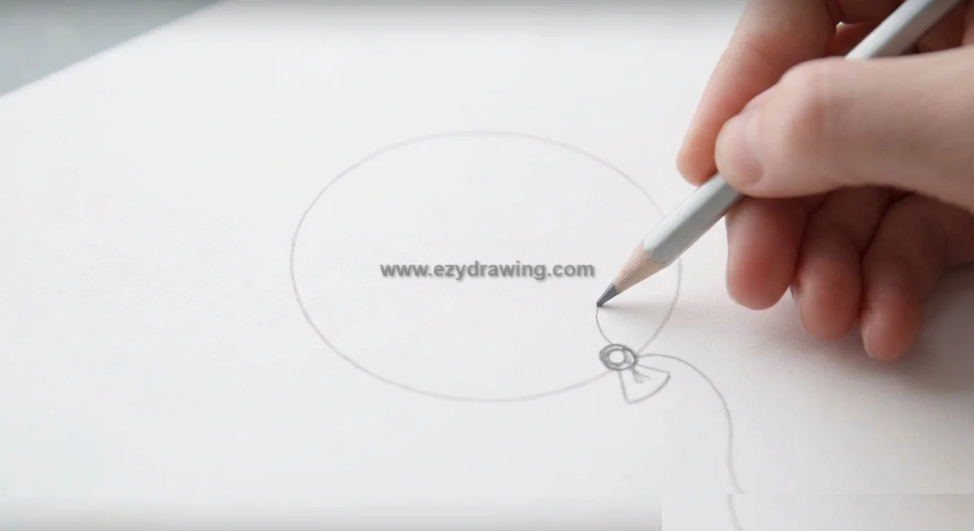 How To Draw Balloon Quick Easy Drawing Ideas 5 How To Draw Balloon step 4 showing a curved string attached to the knot with pencil, easy balloon sketch for beginners.