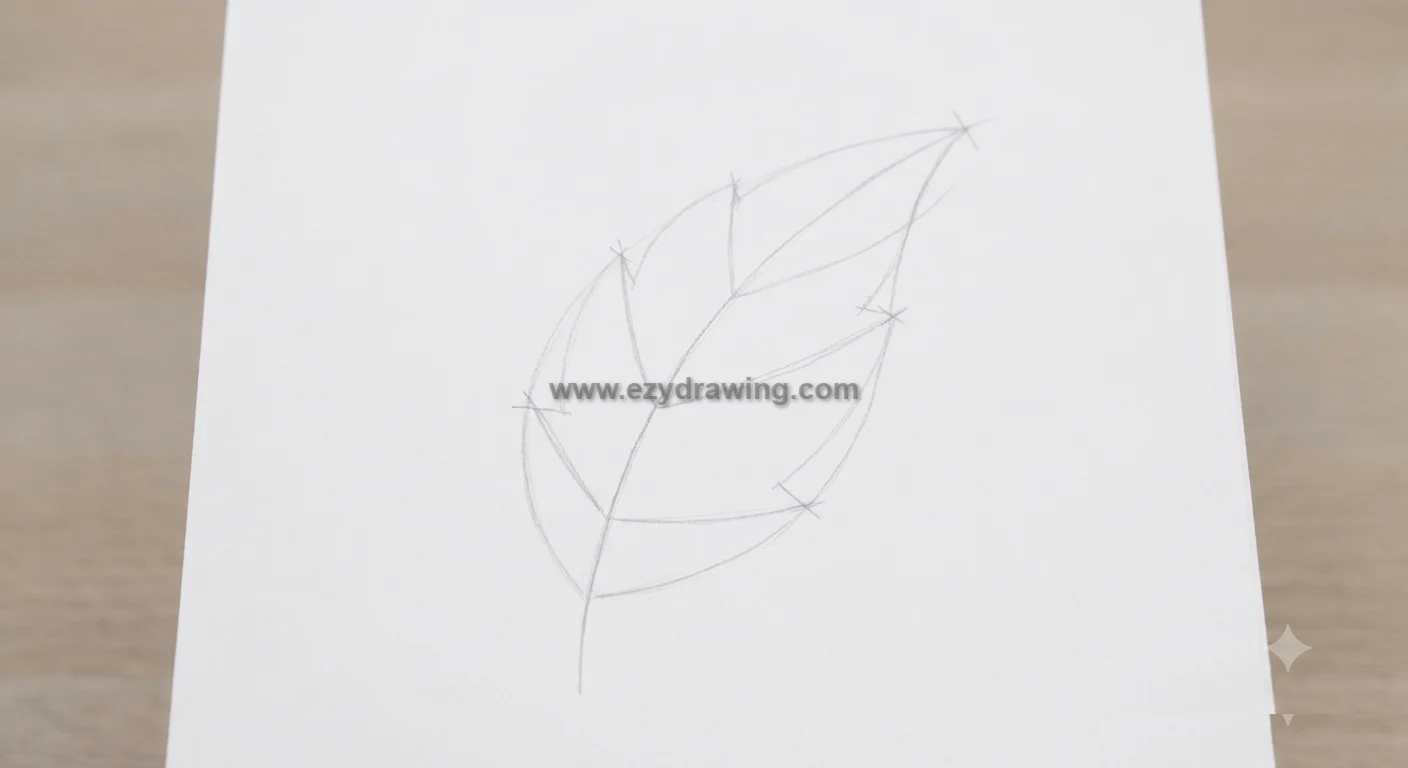 how to draw leaf step showing connected guide lines, pointed lobes, and curved pencil structure on white paper for easy practice