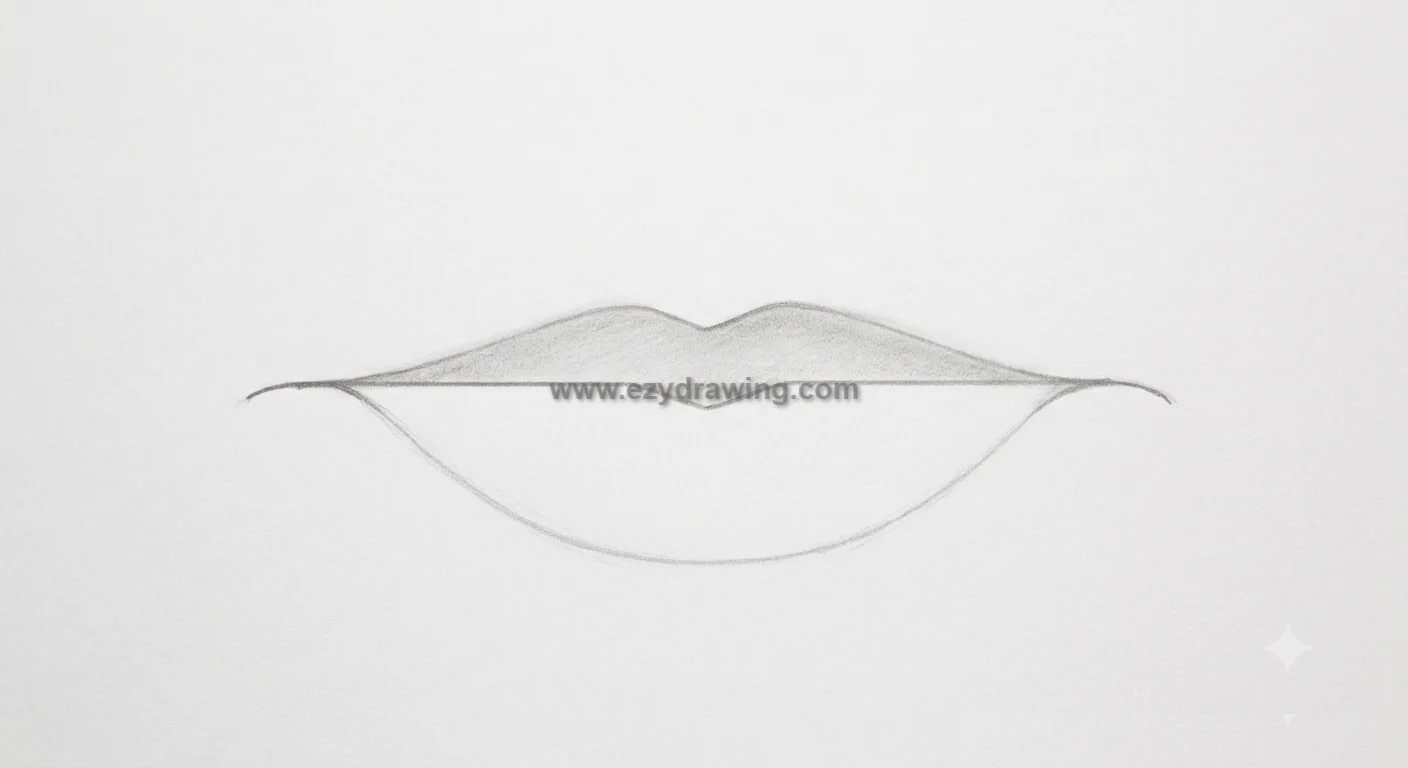 How To Draw Mouth step 4 shows the lower lip contour added with soft pencil lines, forming a balanced beginner mouth sketch.