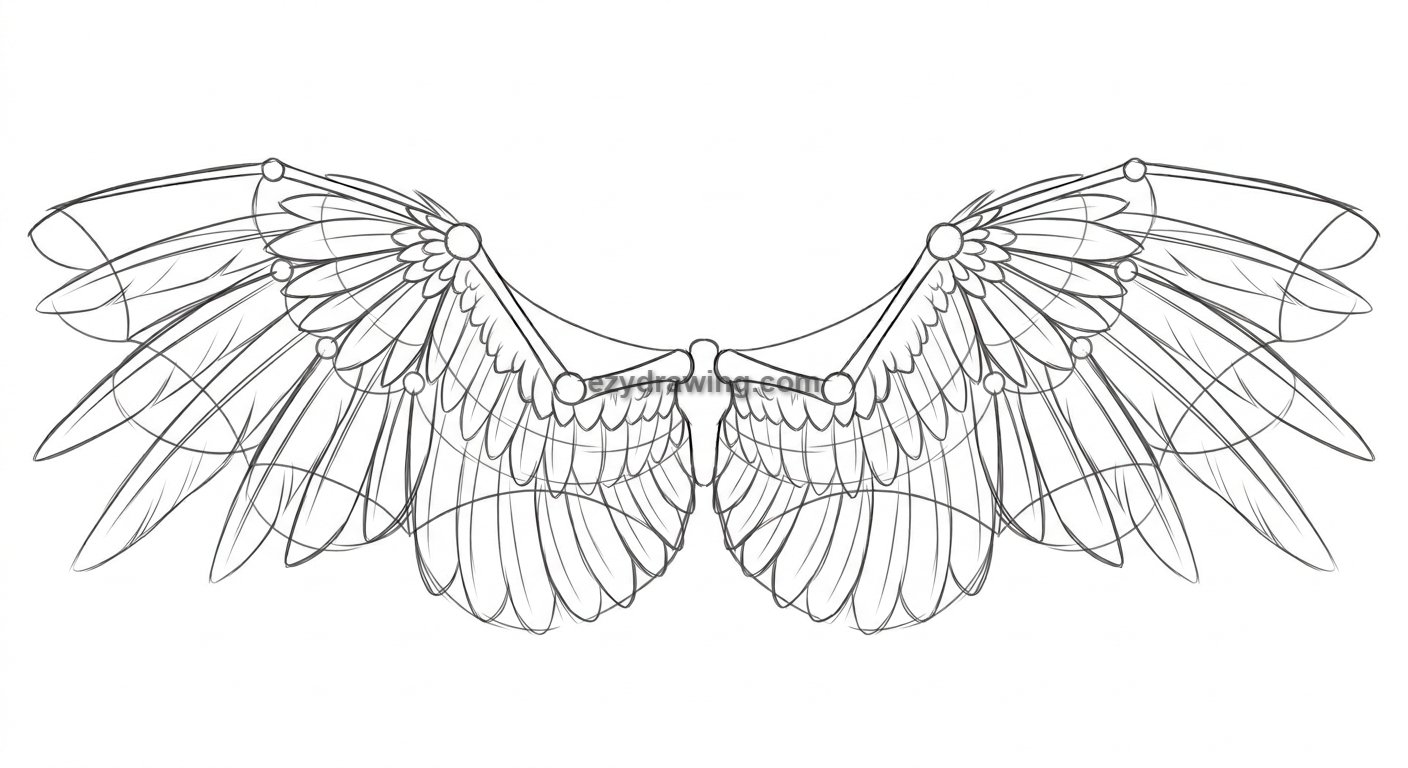 How to draw wings step 4 refining layered feathers with detailed textures and smooth feather overlap for a realistic wing drawing.