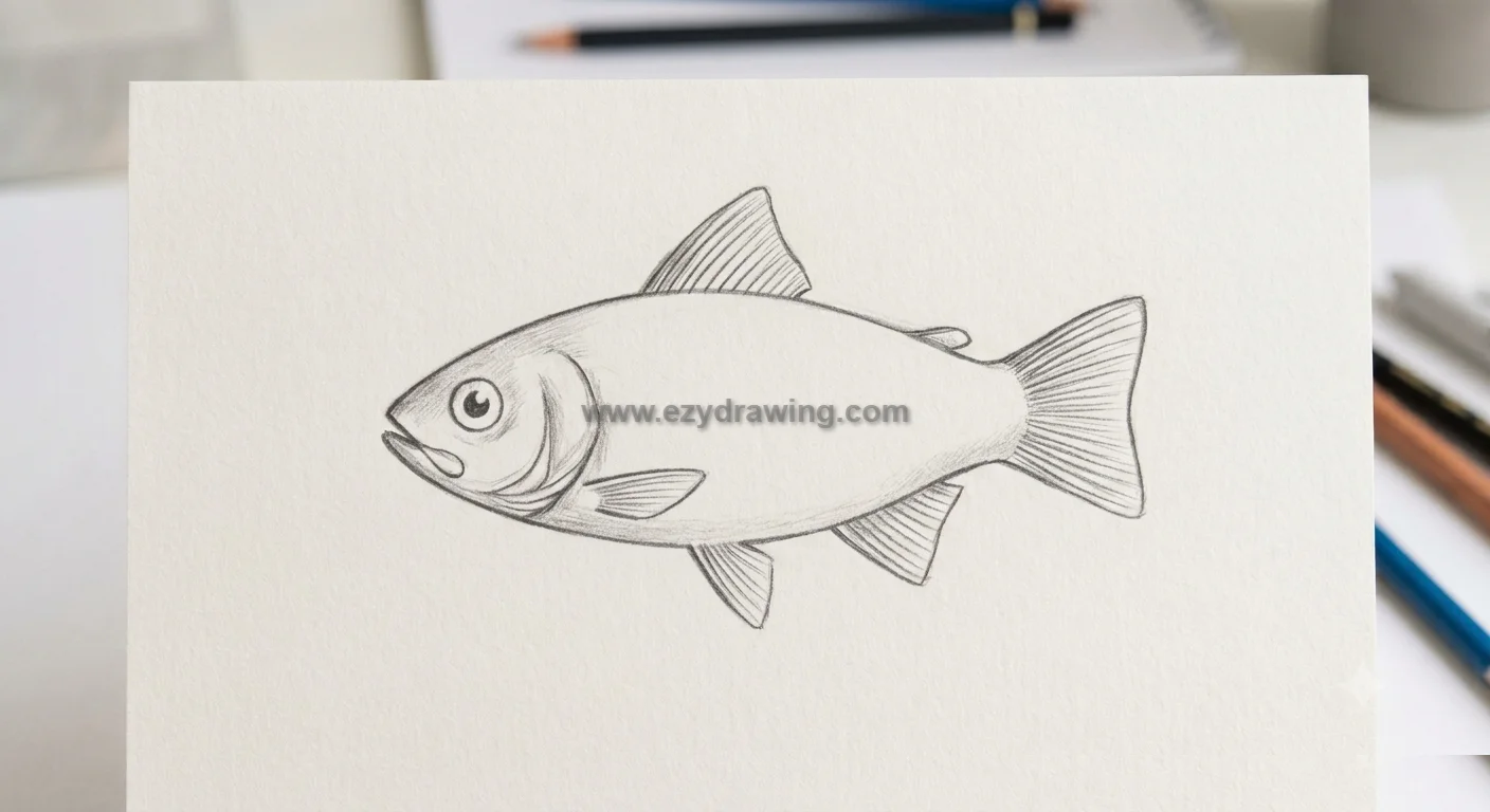 how to draw fish step 4 showing refined fins, tail ray lines, eye detail, and clean pencil outline for a beginner fish sketch.