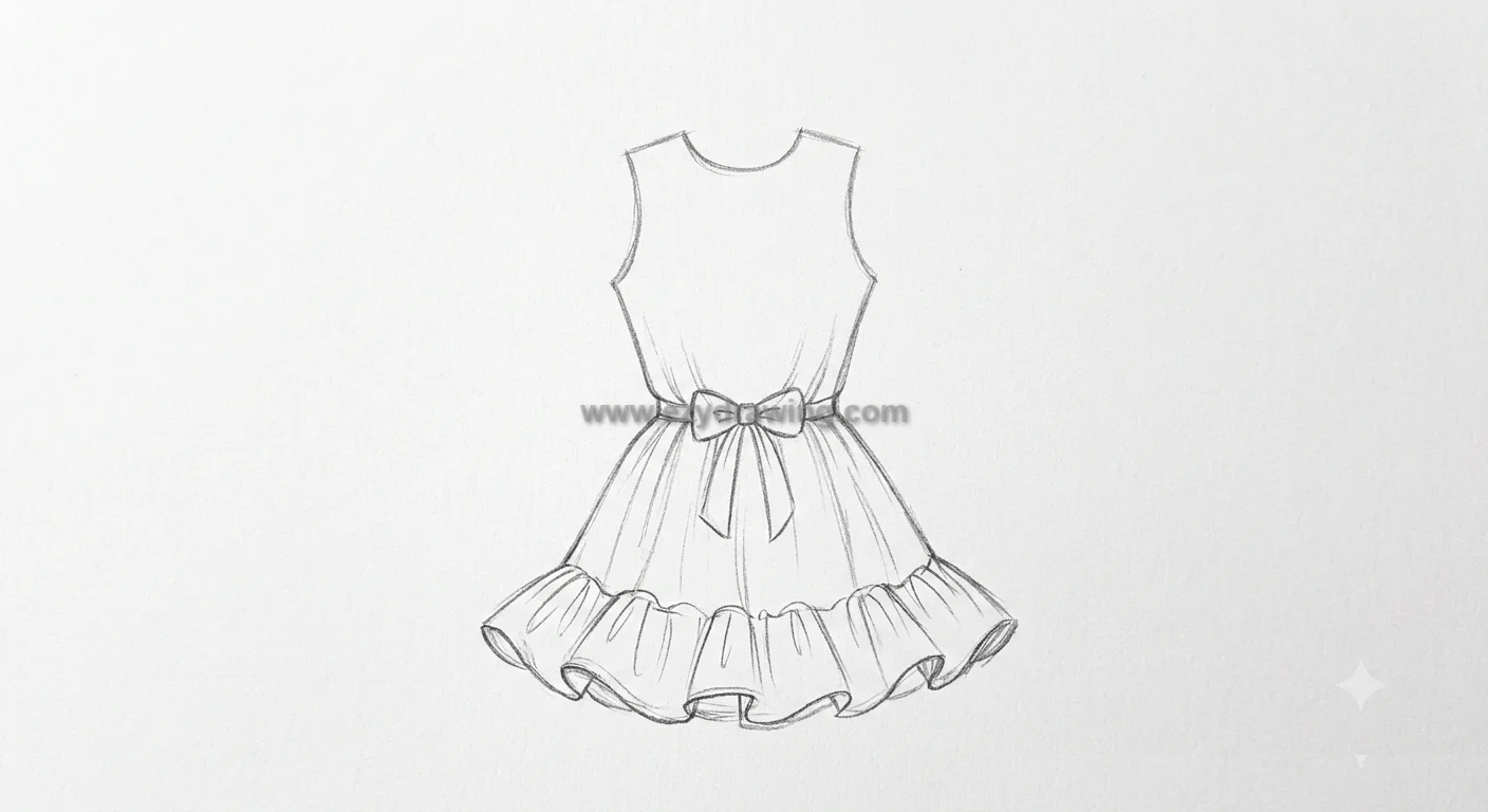 How to draw dress with a fitted bodice, waist bow, flowing folds, and a layered ruffle hem for a cute finished design.