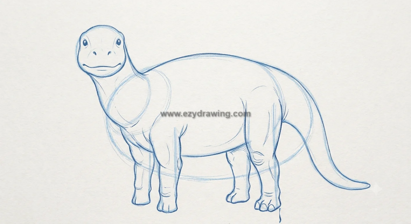 How To Draw dinosaurs Easy Step By Step for Kids 5 How To Draw dinosaurs step 4 sketch showing long neck dinosaur head, legs, tail and simple face details for easy drawing