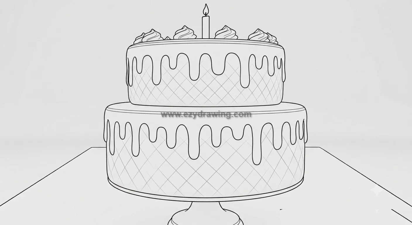 How to Draw Cake for Kids With Fun Simple Steps 5 how to draw cake with two tiers, dripping icing, frosting swirls, crosshatch patterns, one candle, and a pedestal stand