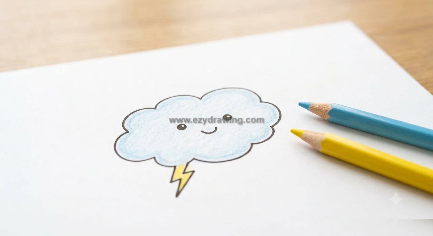 How To Draw Doodles with blue and yellow pencils coloring a smiling cloud and lightning bolt sketch on clean white paper.