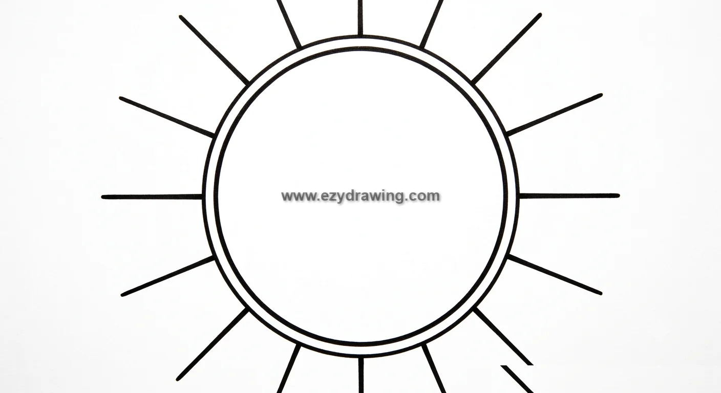 How to draw sun by refining the circle and rays with bold, clean outlines to create a crisp and polished sun sketch.