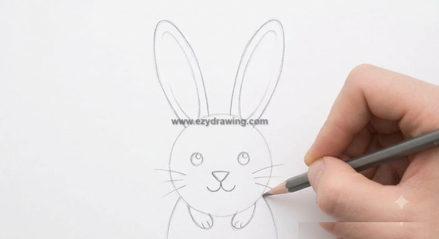 How to Draw a Rabbit A Simple and Fun Guide 5 How to Draw a Rabbit by sketching the body and front paws beneath the head, building a cute bunny step by step with ease.