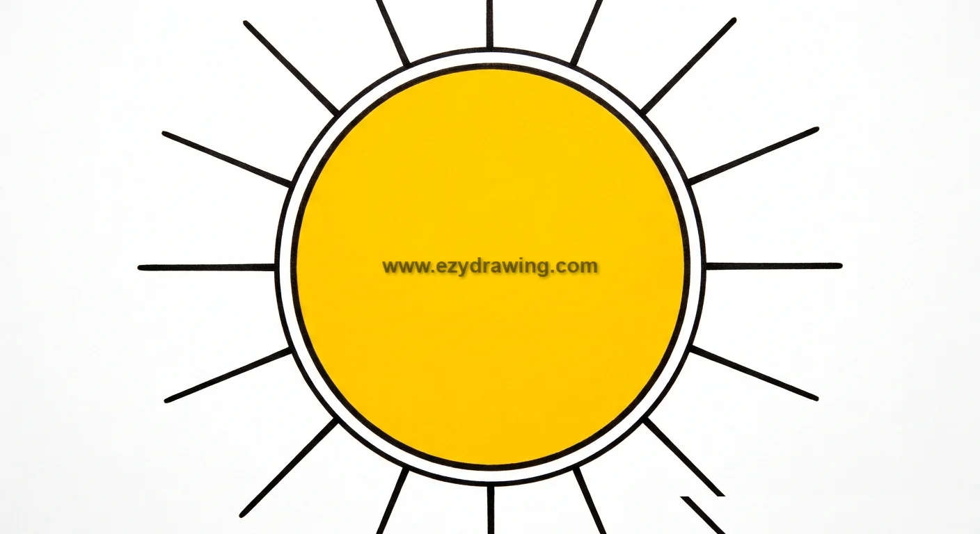 How to draw sun by filling the center with a bright yellow color, giving the sun a warm, vibrant, and cheerful appearance.