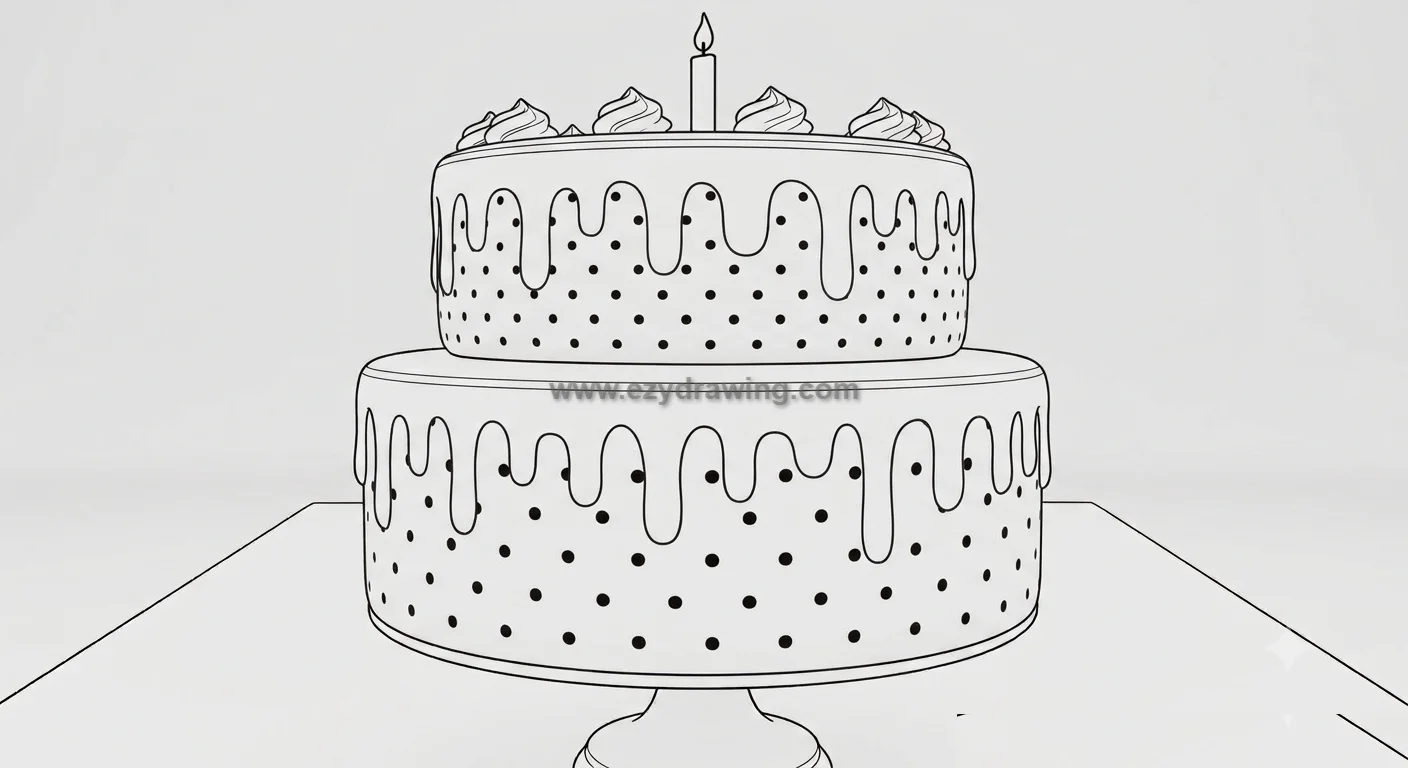 How to Draw Cake for Kids With Fun Simple Steps 6 how to draw cake with two tiers, dripping icing, polka dot decorations, frosting swirls, one candle, and a pedestal stand