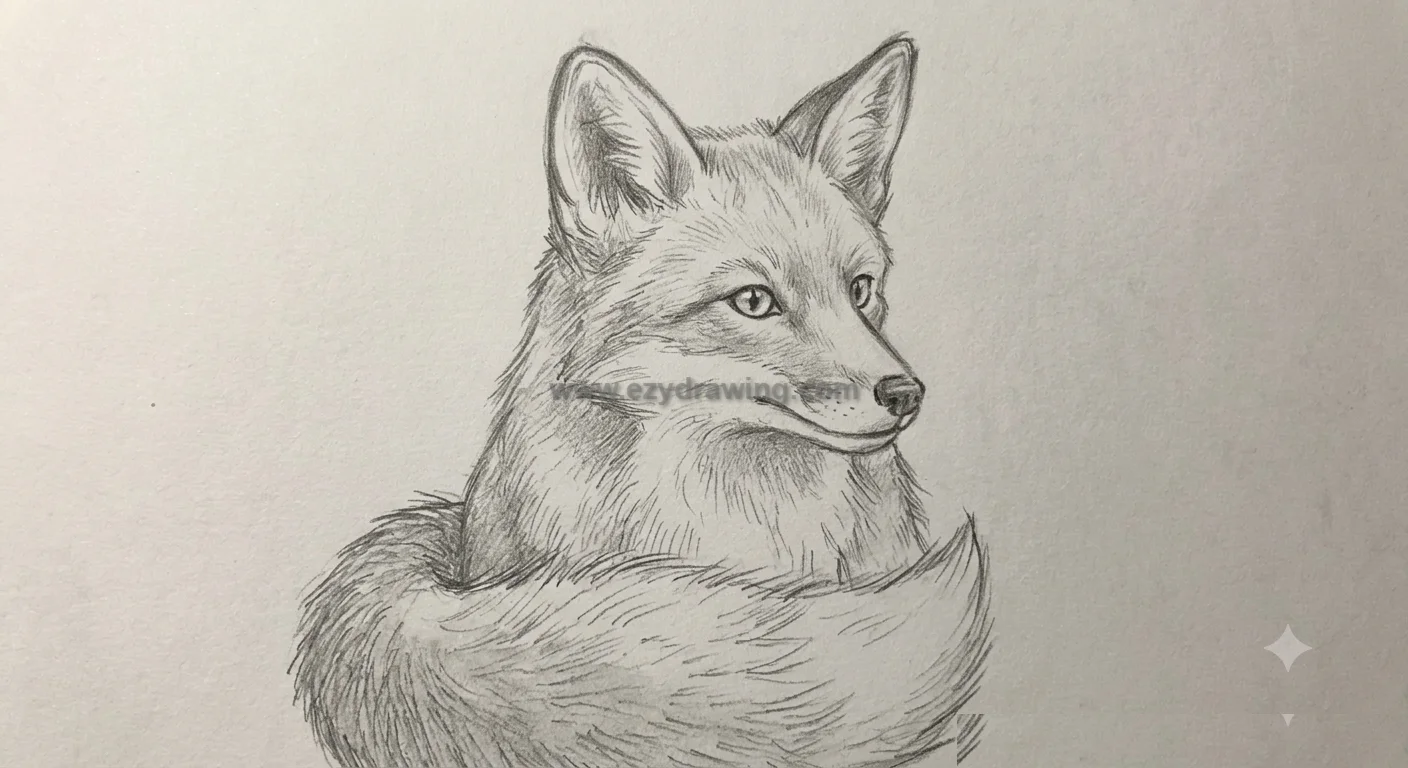 How to draw fox step 5 showing realistic fur texture, refined facial features, and detailed pencil shading on the fox drawing.