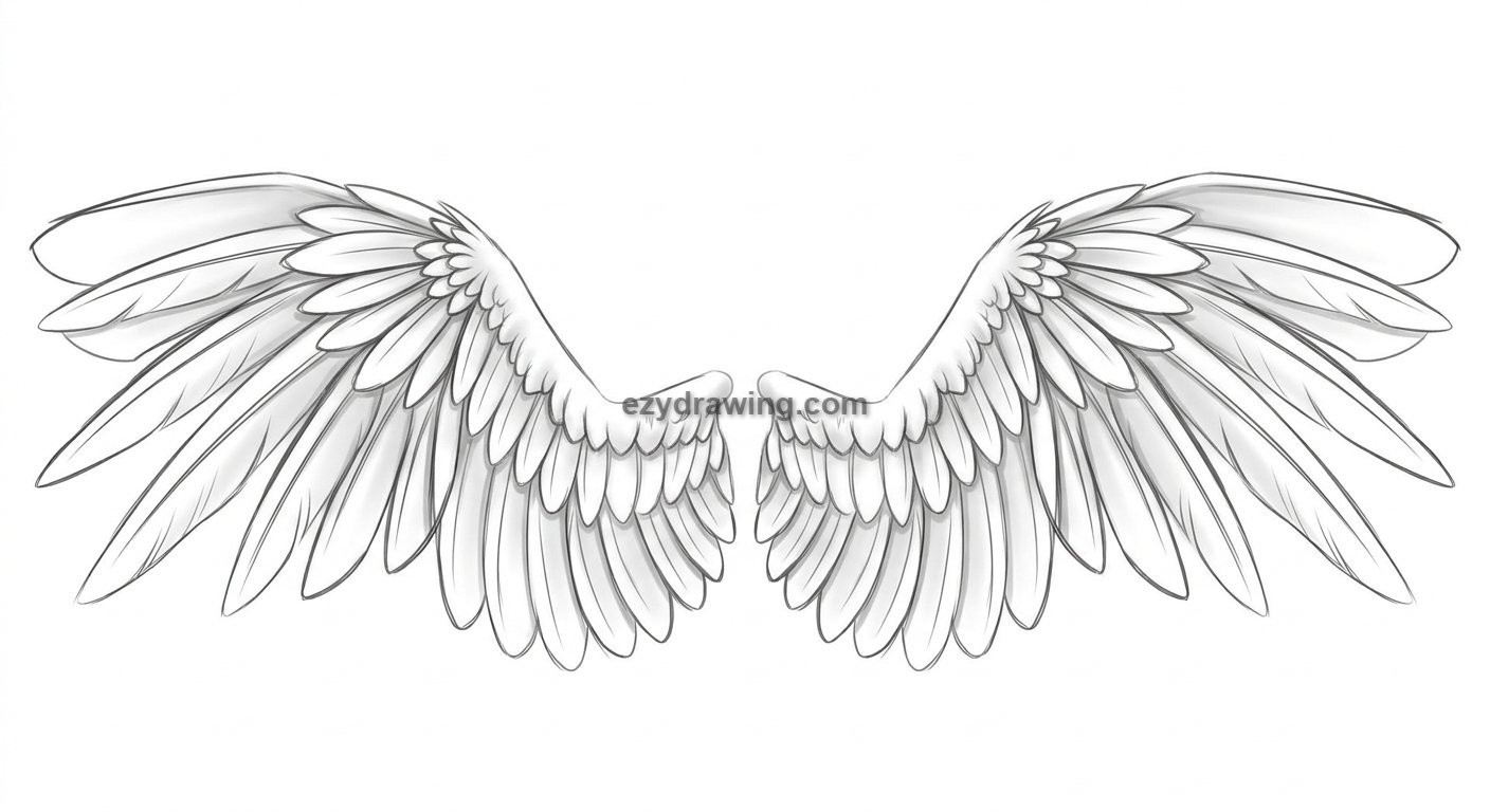 How to draw wings step 5 completing clean linework and soft shading, creating realistic feather depth and a polished wing drawing.