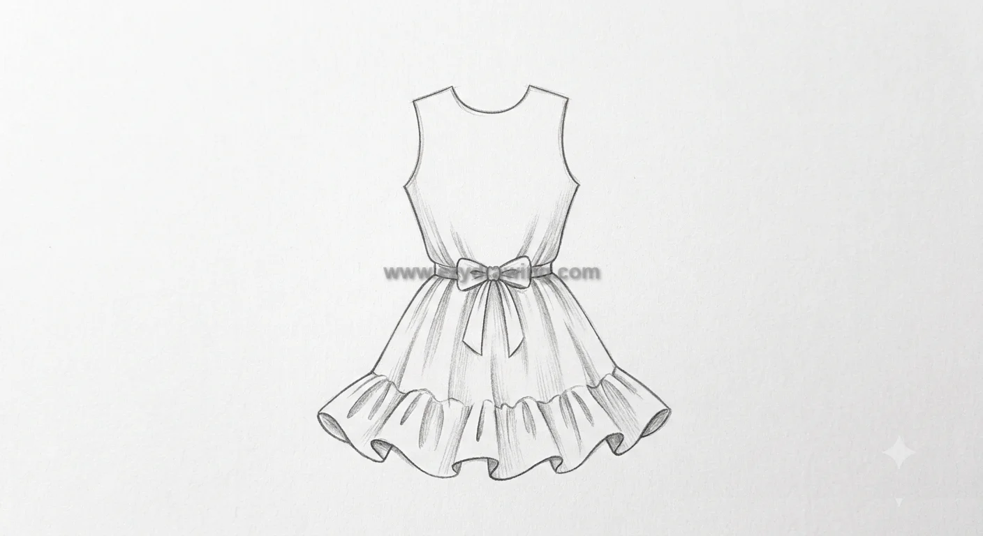 How to draw dress with a clean outline, fitted bodice, waist bow, soft fabric folds, and a detailed ruffled hem.