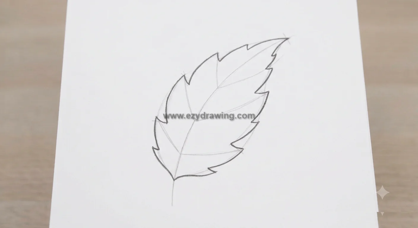 how to draw leaf step showing bold serrated outline over light guide lines on white paper for easy pencil drawing practice