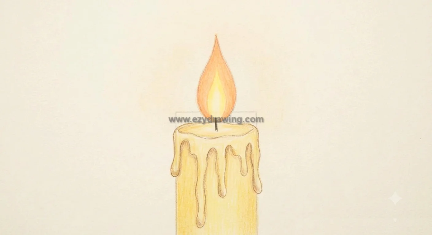 How To Draw A Candle step 5 showing a colored yellow candle with melted wax, glowing flame, and light shading for kids.