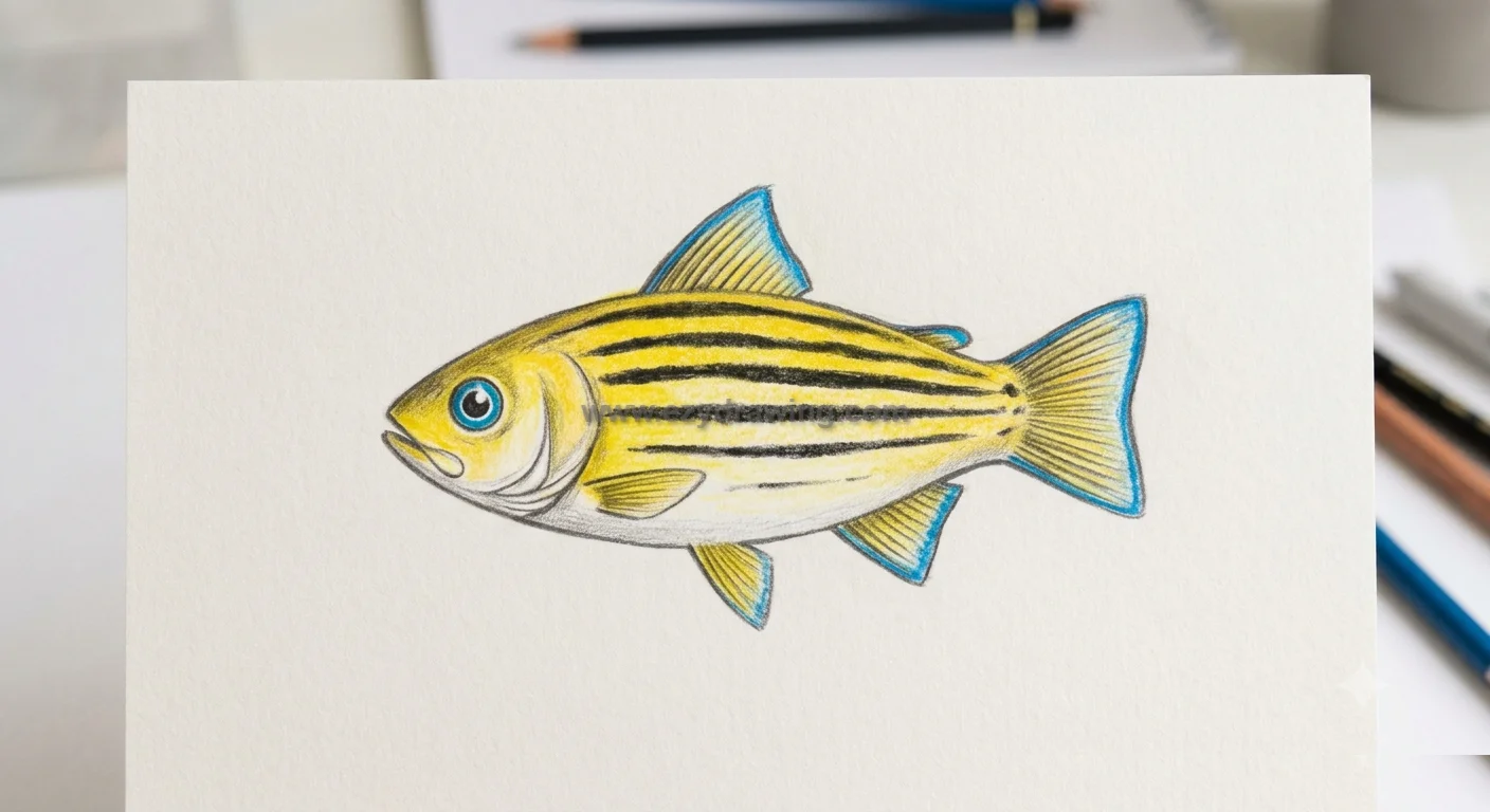 how to draw fish step 5 showing a colorful yellow fish with blue fins, black stripes, and neat pencil details on white paper.